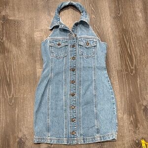 Denim Halter Dress with Button Front